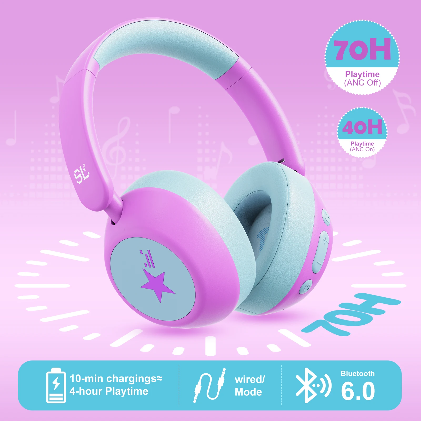 Kopfhörer mit aktiver Geräuschunterdrückung für Kinder, Kleinkinder, Bluetooth 6.0, 70 Stunden Spielzeit, ANC, kabellose Kopfhörer für Reisen und Flugzeug – Detail 4