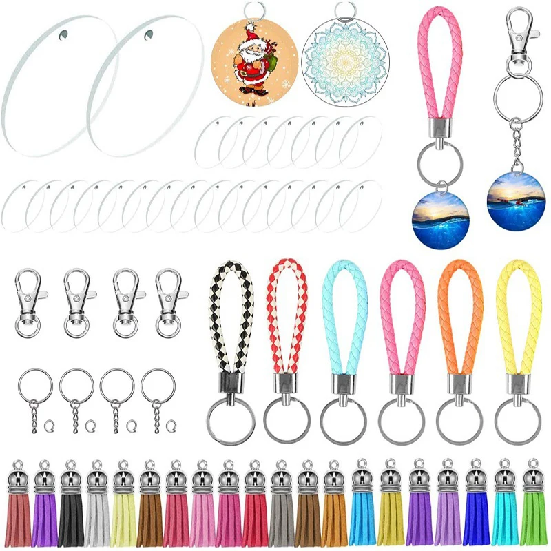 146Pcs/Set Clear Acrylic Keychain Blanks Assortment Kit Round With Tassel Keychain Metal D Ring Swivel Clasps DIY Crafts