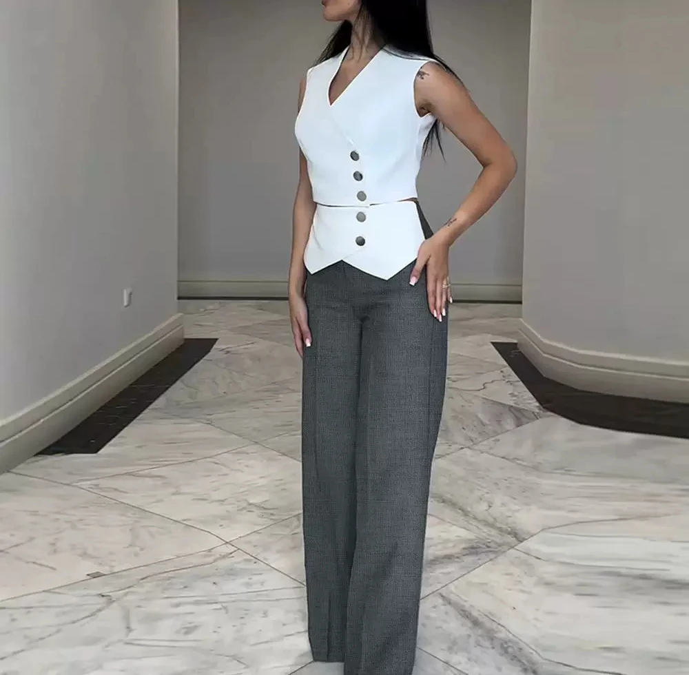 

Elegant 2Pcs Sets Womens Sexy Fashion CasualButton Decor Vest Crop Top & Colorblock Straight Leg Pants Suit 2024 Autumn Summer