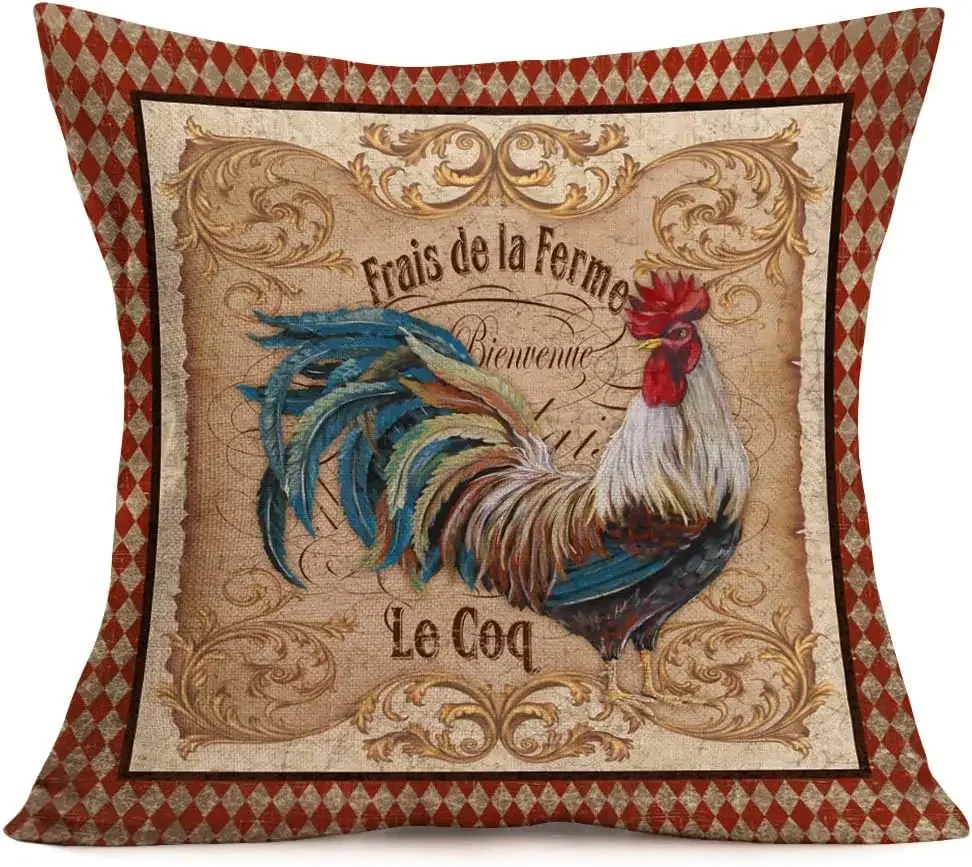 Vintage Farm Cock Hen Pillow Cover Linen Square Cushion Cover Farmhouse Sofa Decorative Pillowcase Autumn pillowcase