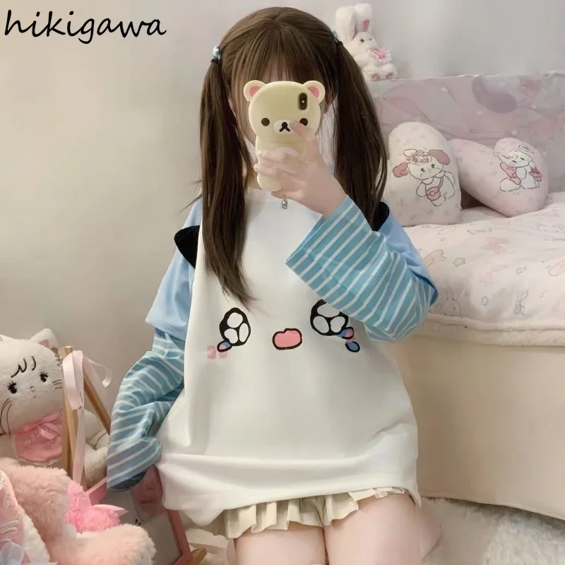 Sweat à capuche Anime pour femme, patchwork rayé, faux deux, sweats à capuche respirants, mode décontractée, PVD japonais, Y2k, Y-2025
