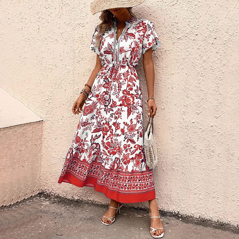Recién llegado, vestidos Maxi elegantes con estampado Floral para mujer, cuello en V, lazo en la cintura, perfecto para looks bohemios elegantes de verano