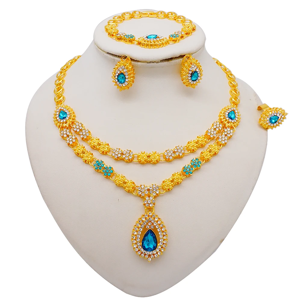 Luxus Dubai Gold Farbe Doppels chicht Halskette Schmuck Sets für Frauen afrikanischen Wasser tropfen Kristalls chmuck indischen Set Geschenke – Detail 7