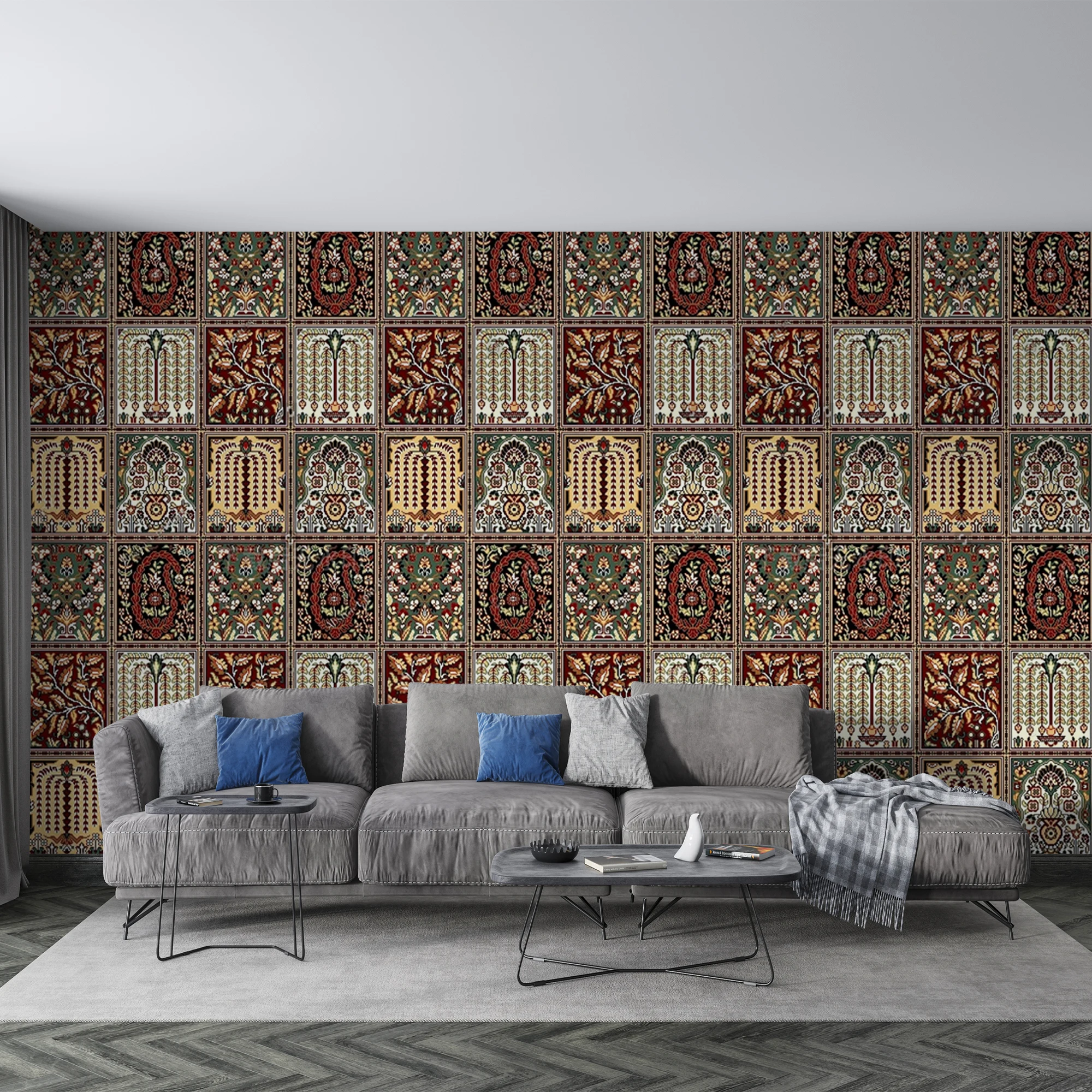 Milofi Vintage Moroccan Tile Wallpaper Retro Floral Geometric Mosaic Wall Mural for Living Room Kitchen Home Wall Decor