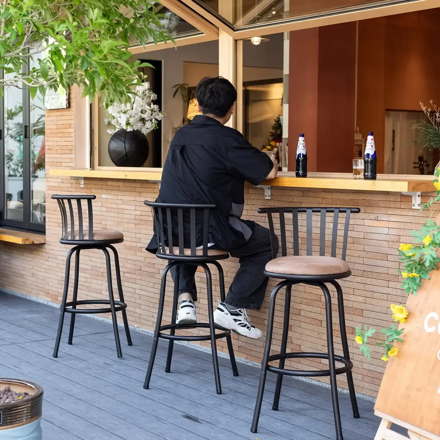 Conjunto de bancos de bar giratórios de 3, bancos de bar modernos de 29 polegadas de altura para ilha de cozinha doméstica, marrom