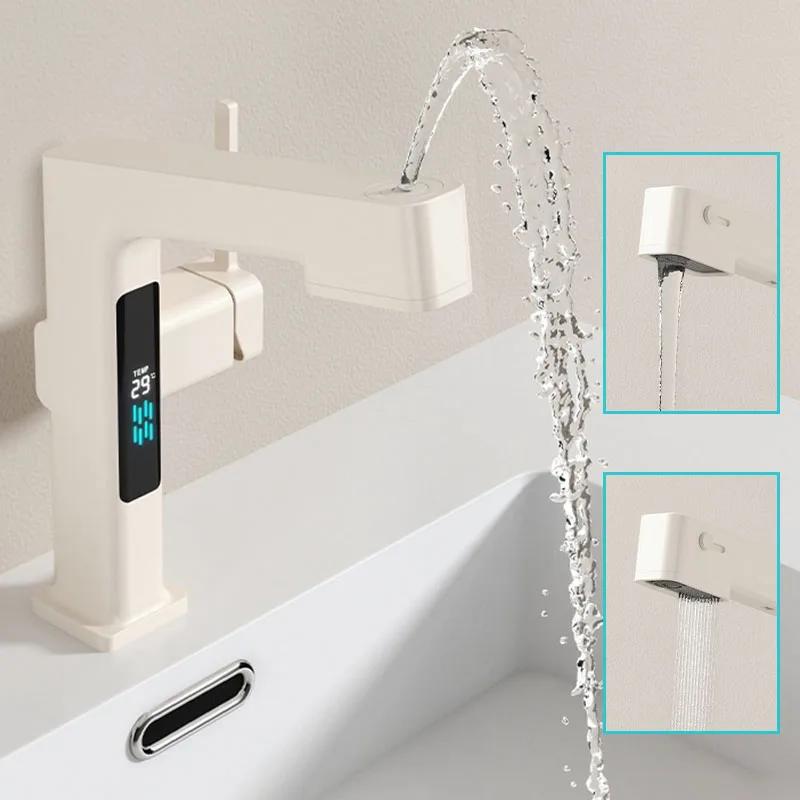 Smart Bathroom Faucet LEDTemperature Display Pull Out Sprayer Head Sink and Basin Faucets Suitable for Washing Hair and Gargling