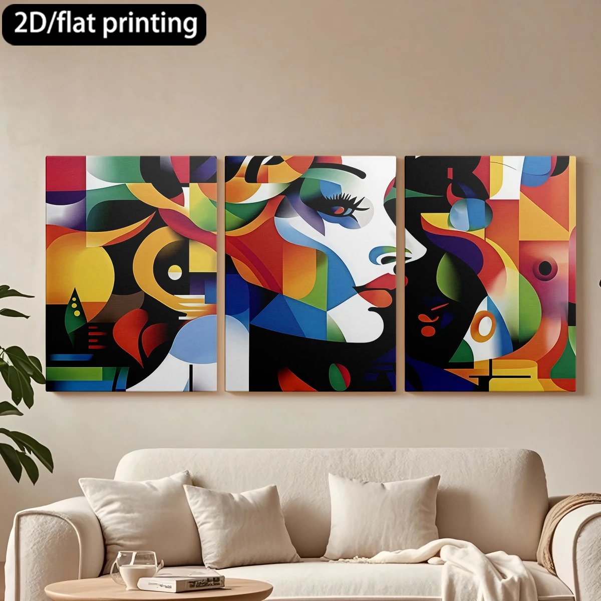 

Трехпанельная декоративная картина на холсте. Портрет с цветовыми блоками, абстрактные элементы.