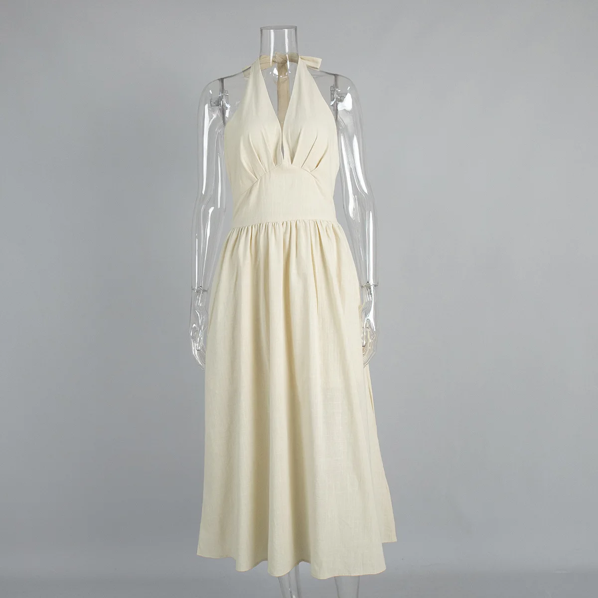 Sister Star Sommer Lässige Taille V-Ausschnitt Krawatte Lange Swing-Kleider Großhandel Bequeme einfarbige dünne Kleider mit hoher Taille