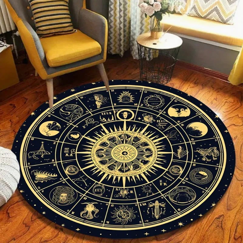 Mystical Astrology Round Rug Constellation Pattern Carpet Soft Non-Slip Circle Floor Decor Mat for Living Room Bedroom