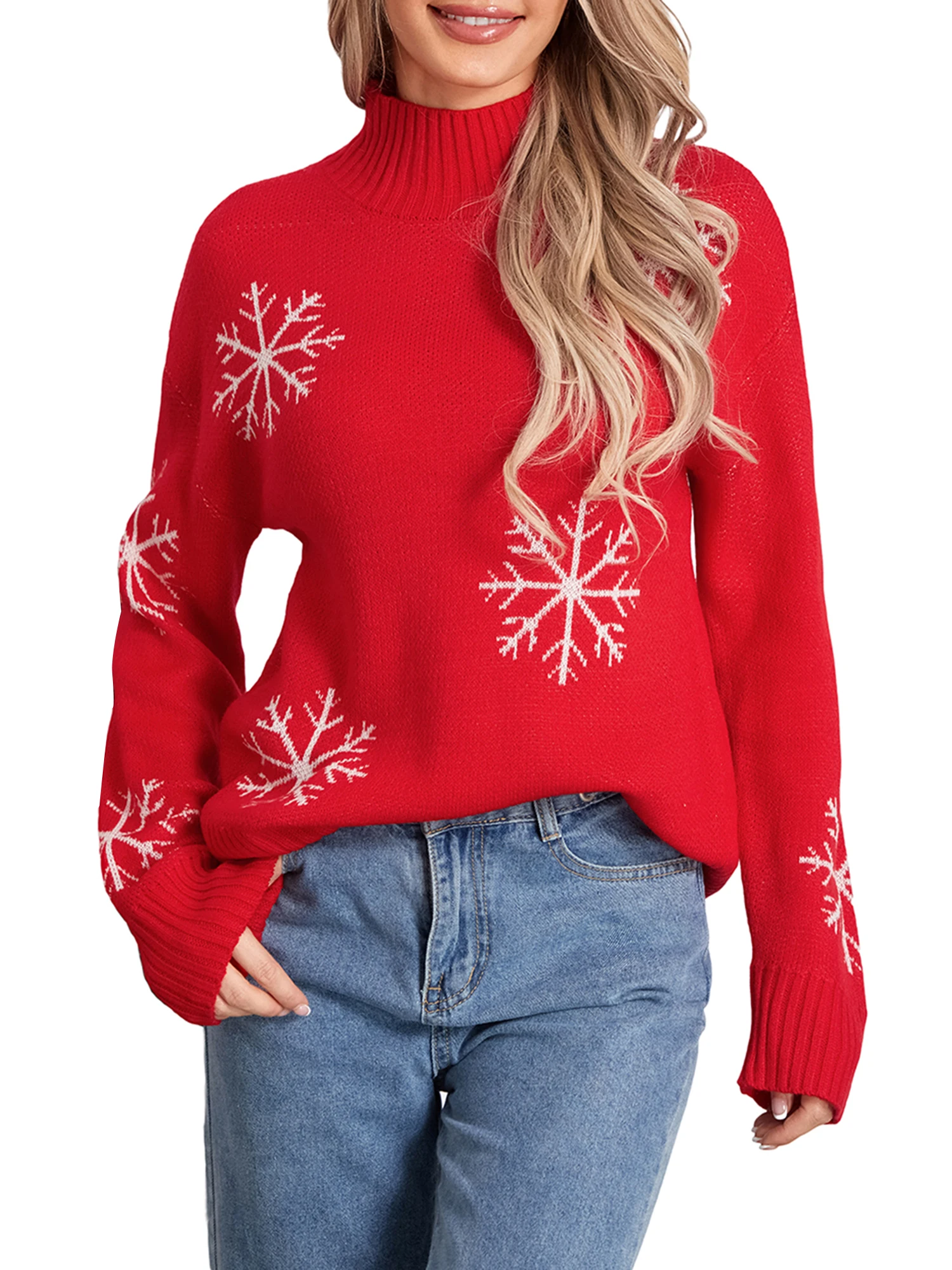 

2024 New Year Women's Turtleneck Sweater Christmas Snowflake Crochet Long Sleeve Slim Fit Pullover Tops Fall Casual Warm Jumpers