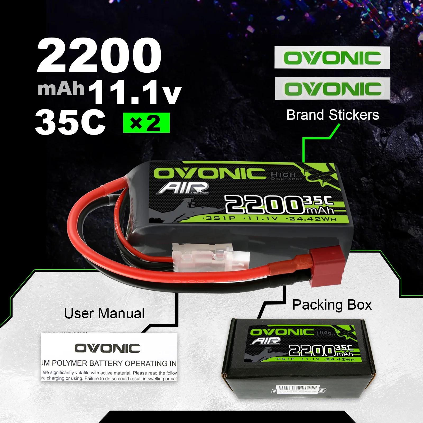 Ovonic 3S 2200MAh 11.1v 35C RC LiPo Battery With Deans / T Plug For RC Helicopter Airplane Quadrotor Drone 2PCS