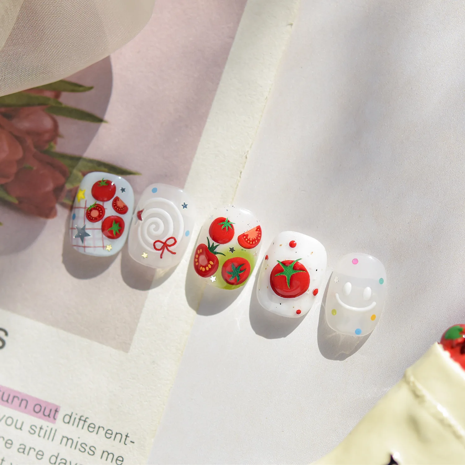 5d tomate arte do prego adesivo 1 folha bonito geléia vermelha tomate slider arco estrela tomates dos desenhos animados auto-adheisve manicure adesivo