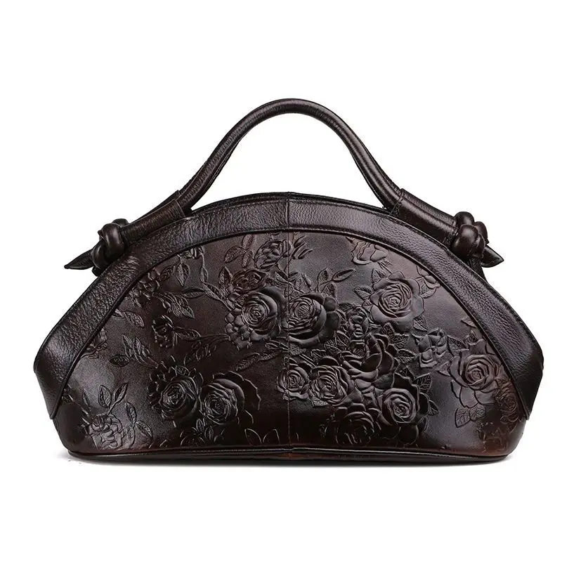 Retro Flower Embossed Shell Bag Women Brown Waxed Genuine Leather Large Capacity Shoulder Bag Ladies Commuter Crossbody Bag Chic