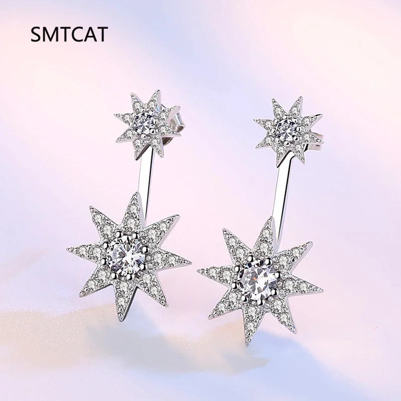 2.0 CTTW Moissanite Star Stud Earring 925 Sterling Silver Earrings For Women Front Back Double Sided 2 in 1 Pierced Ear Jewelry