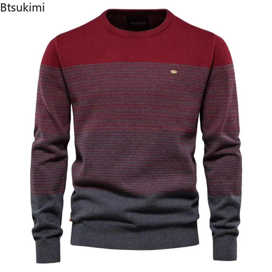 High Quality Cotton Sweaters Men's Autumn Winter Fashion Casual O-Neck Pullovers Striped Splice Vintage Knitted Sweaters for Men