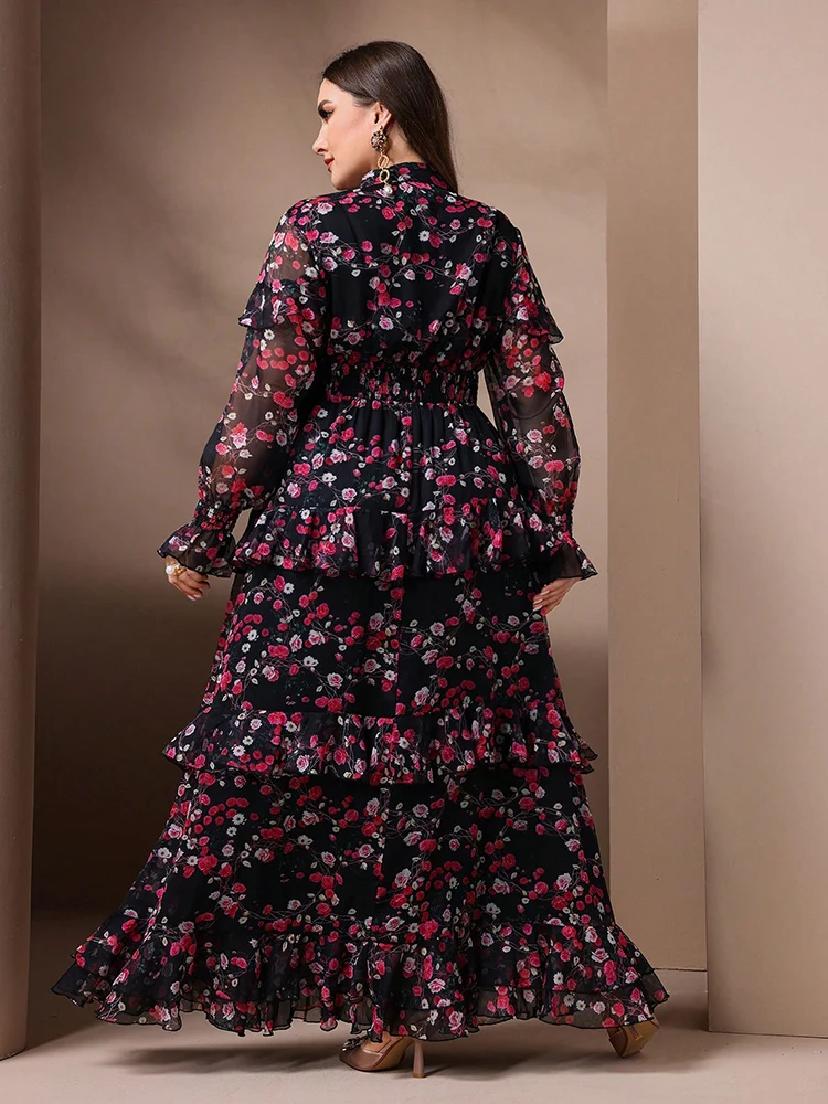 TOLEEN-Robe élégante à manches évasées en maille à imprimé floral pour femmes, robes longues décontractées à col en V, printemps, été, grande taille, nouveau 2024