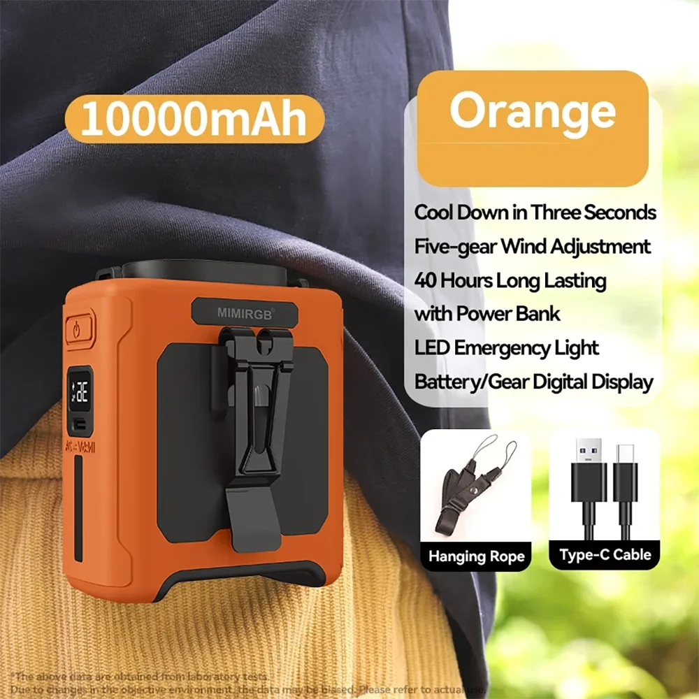USB Portable Fan 10000mAh Large Capacity Hanging Waist Fan With LED Light Multi-Functional Summer Hanging Waist Fan