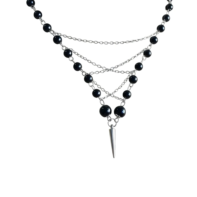HXBF Draped Multi Strand Necklace with Black Beads for Street-Style Looks