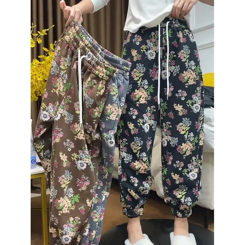 Floral Loose Plush Thicken Drawstring Leisure Mori Girl Style Ankle Length Pants Retro Middle Aged Elderly Pure Cotton Black