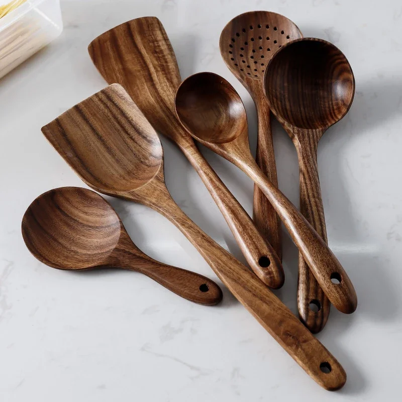 7pcs/set Teak Natural Wood Tableware Spoon Colander Spoon Special Nano Soup Skimmer Cooking Spoon Wooden Kitchen Tool Kit