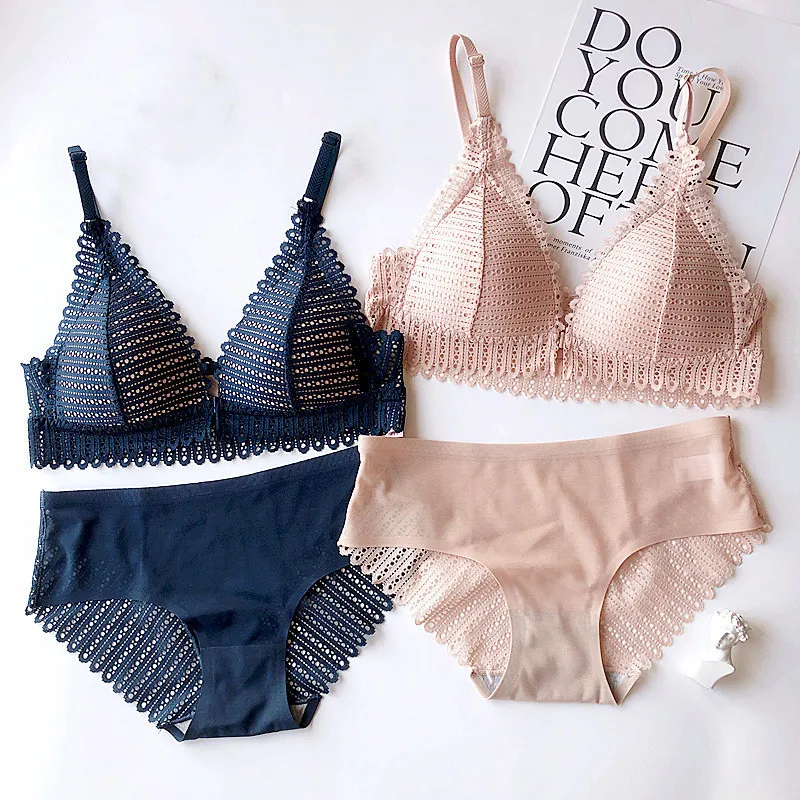 New Women's Bra French Triangle Cup Underwear Women's Thin Sexy Lace Beautiful Back Buckle Small Bra Gathering No Steel Ring Bra