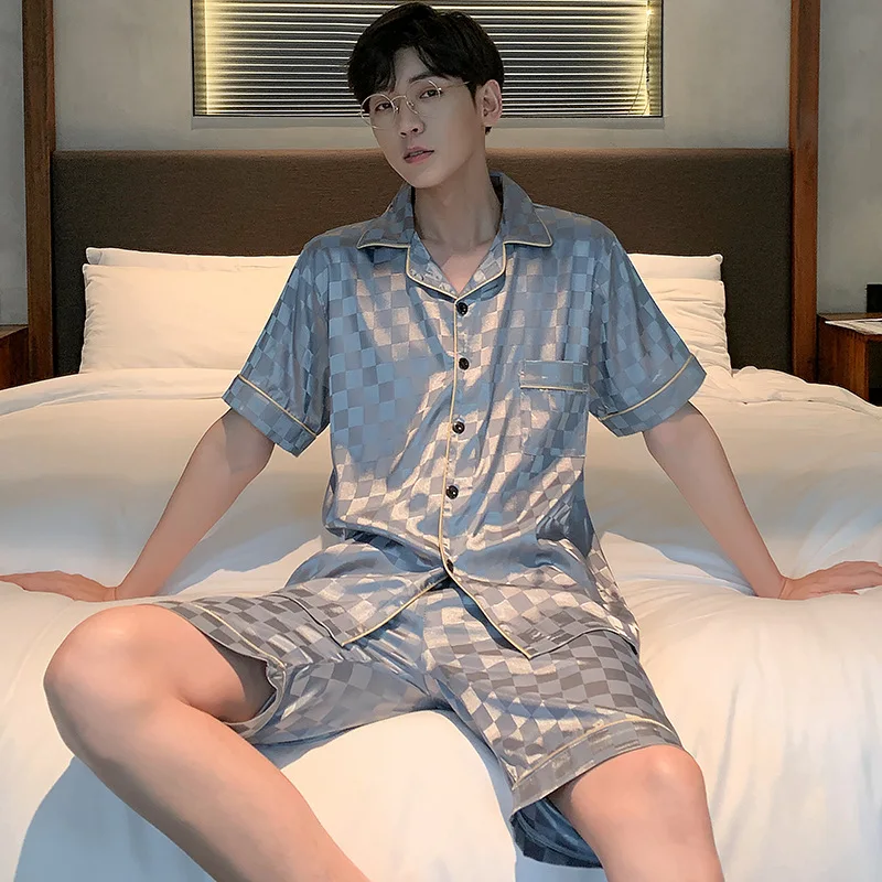 Pajamas Men Summer Short Sleeved Ice Silk Thin Breathable Homewear Set Male Sleep Cloth Suit Gentlemen Satin Nightwear Youth Boy