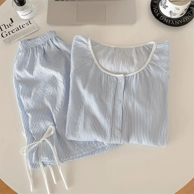 

New Women's Summer Spwear Ort Sve Thin Home Clothes Set Sweet Simple Fre Blue Stripes Can Be Worn Outside Thin Fresh Pajamas
