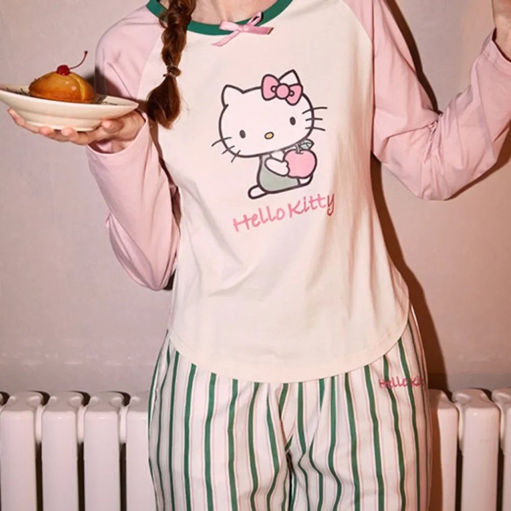 Miniso Hello Kitty Pajamas Stripe Round Neck Bow Long Sleeved Pants Spring Autumn New Style Cute Leisure Versatile Loungewear