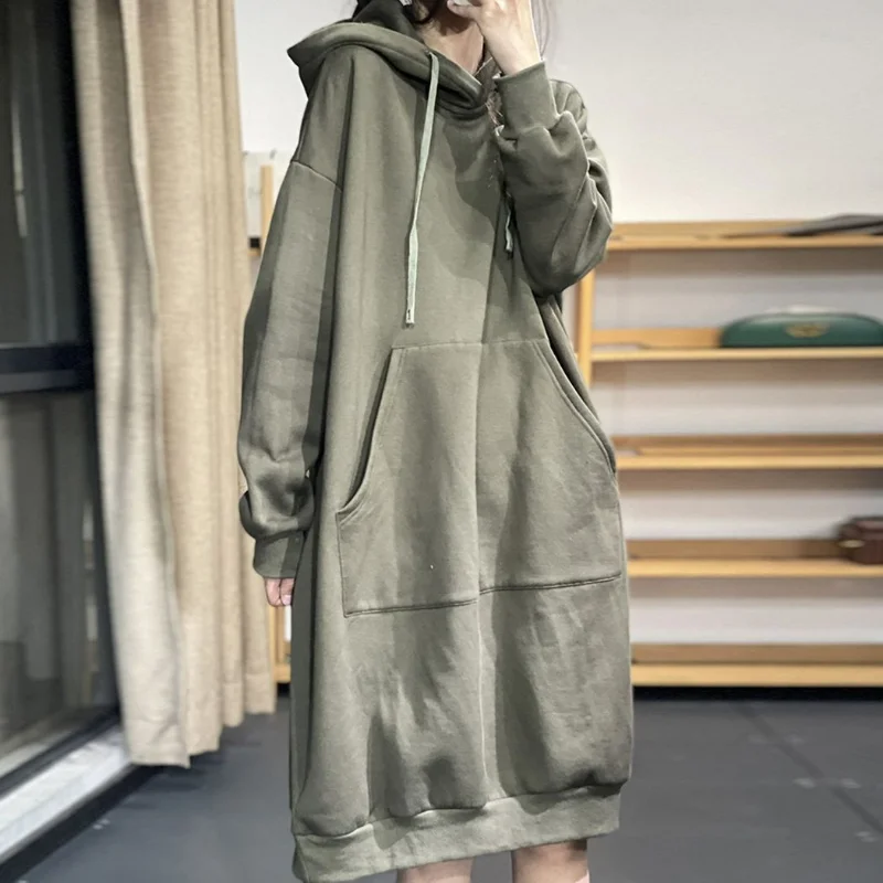 Autumn Winter New Solid Mid Length Hooded Dress Women Patchwork Drawstring Pockets Loose Fashion Casual Warm Long Sleeve Dresses