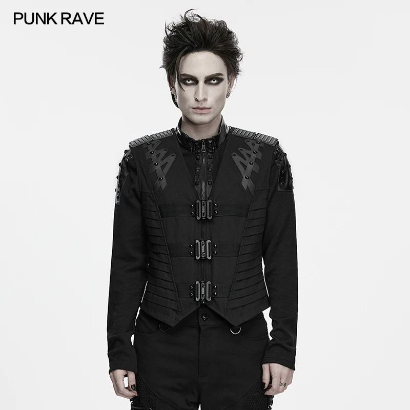 PUNK RAVE Men's Punk Geometric Cut Decorative Armor Warrior Vest Hardcore Decorative Aesthetics Party Club Top Men Clothing