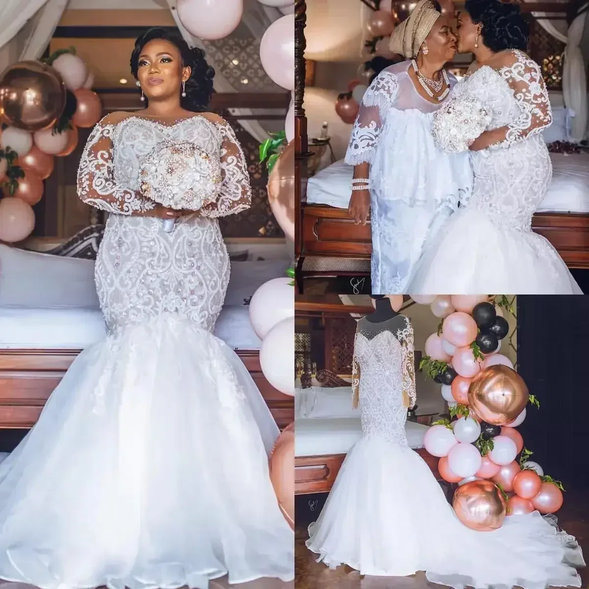 

Customized Africa Plus Size Jewel Neck Lace Appliqued Beaded Long Sleeve Mermaid Wedding Dress Custom Made Skirt Beach