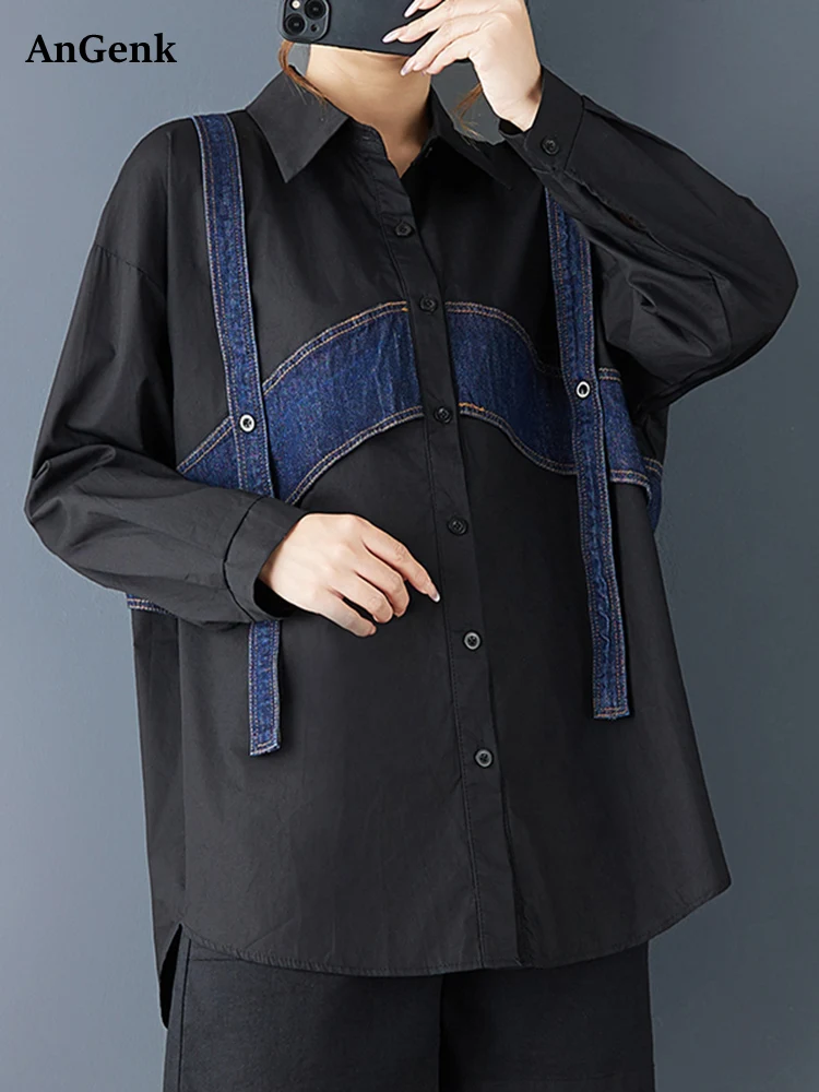 

Джинсовая лоскутная винтажная рубашка большого размера, женская новая свободная повседневная блузка с лацканами и длинными рукавами, модная одежда, весна-осень 2025