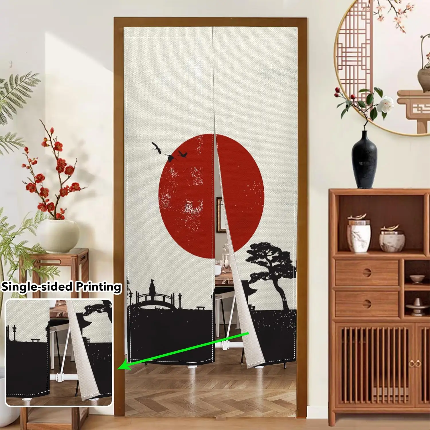 Japanese Red Sun & Crane Door Curtain, Silhouette Pine & Bridge Print For Home Entrance, Minimalist Oriental Decor Room Divider