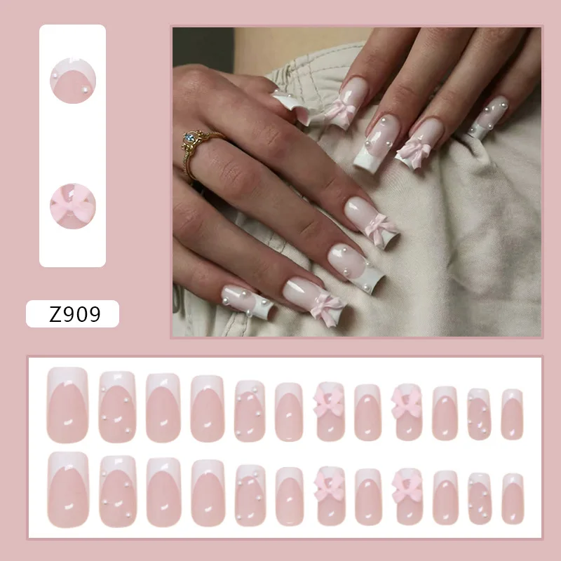 24 Pcs White French Acrylic Press on Nails Set Simple 3d Bow Pearls False Nails with Glue Medium Long Square Fake Nails Press On