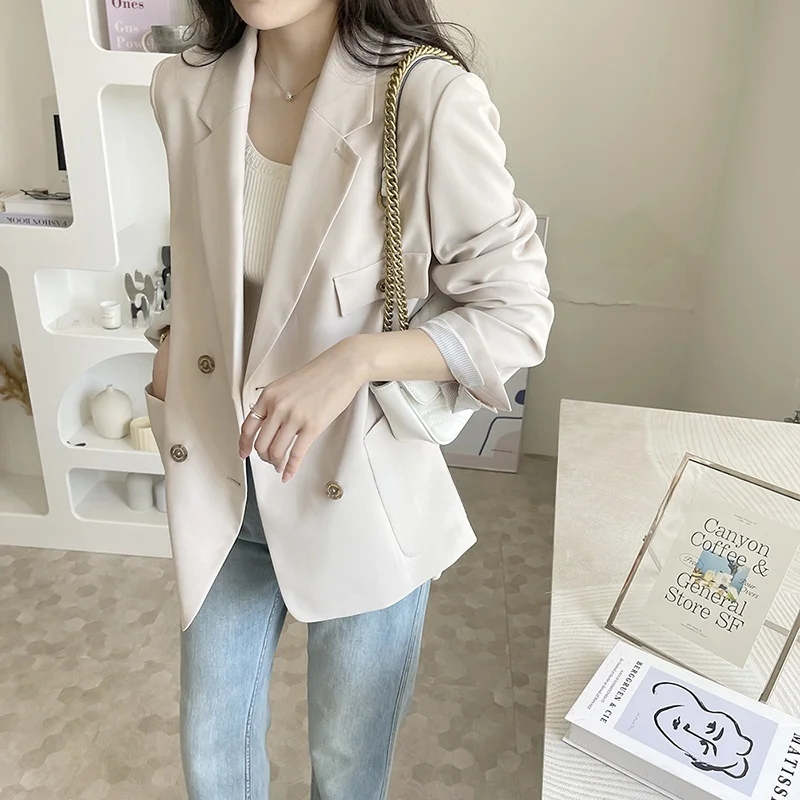 

Slimming Commute Ready Letter Patchwork Suit Jaet Long Sve Button ket Detail Regular Length Double Breasted Coat