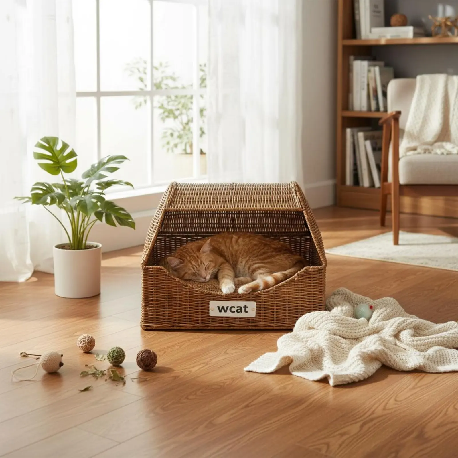 

Rattan Feline Nest Cooling Drawer Design Feline Bed Folding Wicker Pet House Two-Way Use