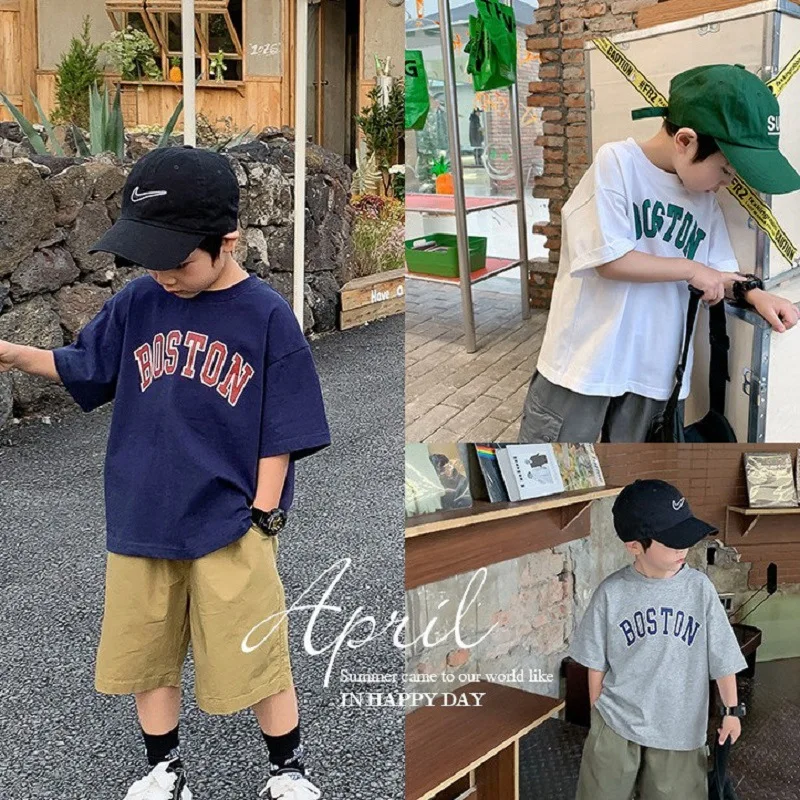 Ropa de verano para niños, Camiseta estampada de manga corta, camisetas de algodón para niños, cuello redondo, moda para niños