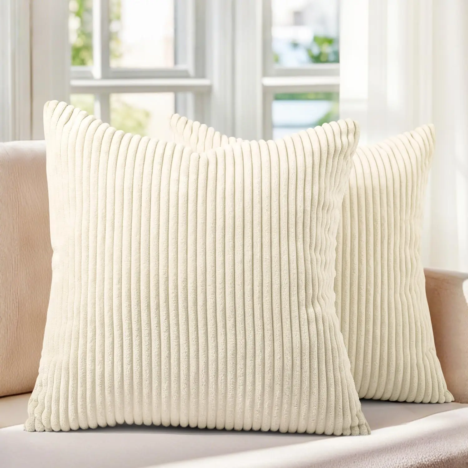

of 2 Cream Corduroy Decorative Throw Pillow Covers 18x18 Inch Striped Spring Cushion Covers Cozy Boho Pillowcase Farmhouse Home