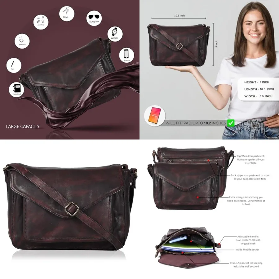 

Leather Flapover Crossbody Handbag Purse for Women with Adjustable Strap and Overflap Snap Closure Tote/Bag