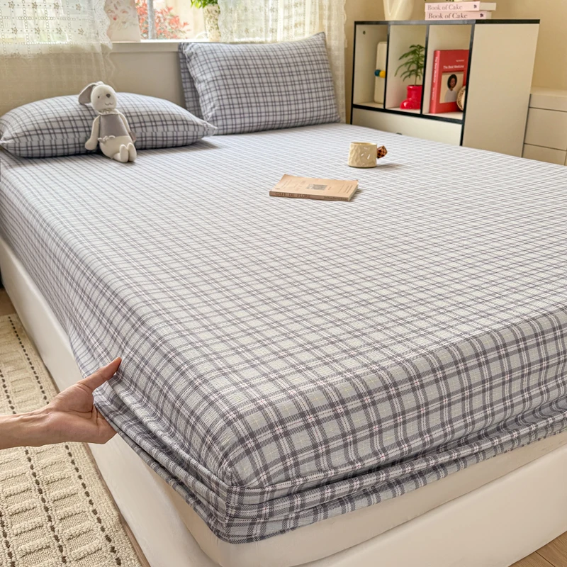 Double-layer Gauze Bed Sheet Single/Queen/King Size Fitted Bed Sheet Checkered Printed 침대패드 Comfortable Colcha De Cama Casal