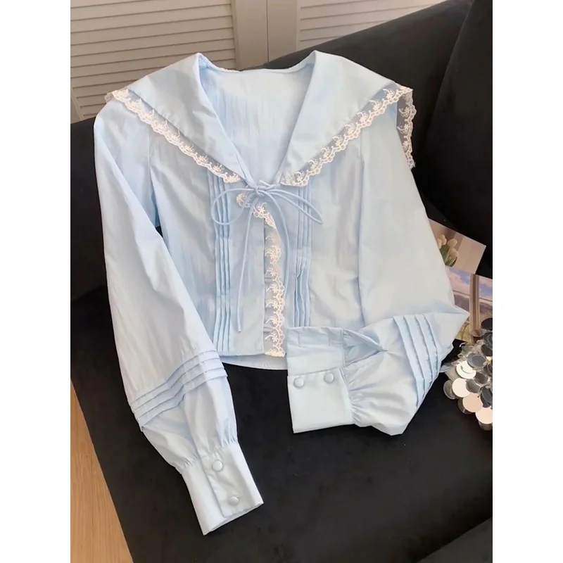 

Женская кружевная рубашка с синим бантом во французском стиле, элегантный топ с длинными рукавами и матросским воротником, корейская модная одежда, милая нежная блузка