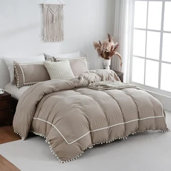 3PCS Khaki Duvet Cover Set Ball Comforter Cover Geometric Line Bed set soft lightweight Down Bedding Set for All season