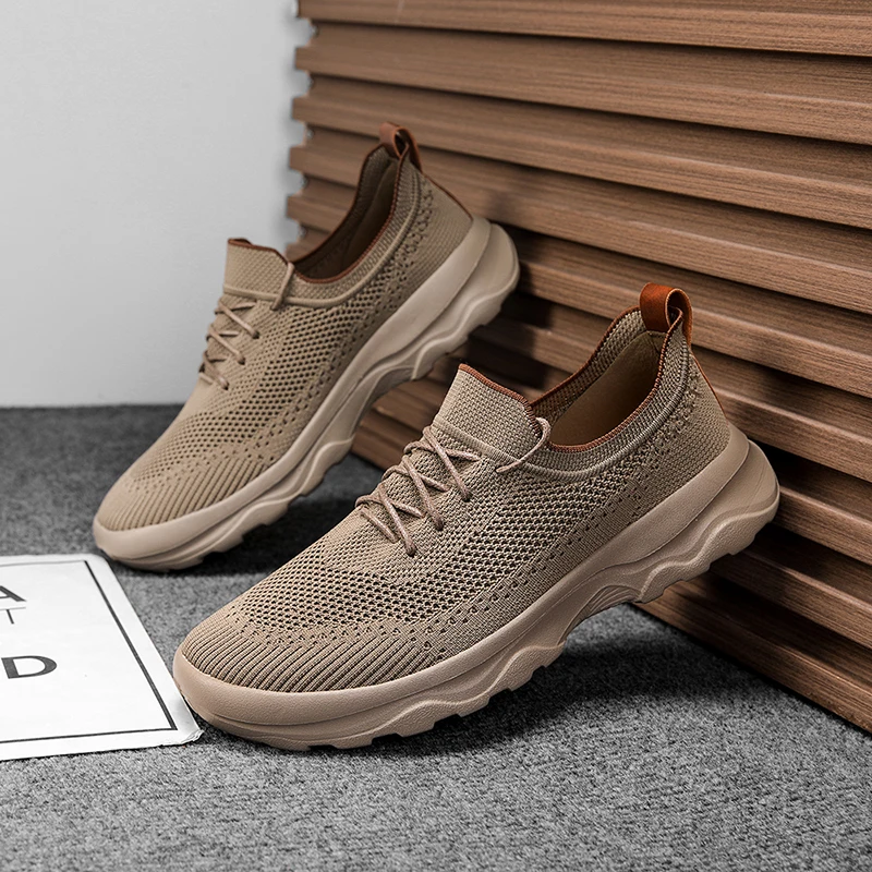 Men Breathable Mesh Sneakers Flying Woven Lightweight Walking Shoes Elastic Lace Casual Trainers for Daily Driving Travel
