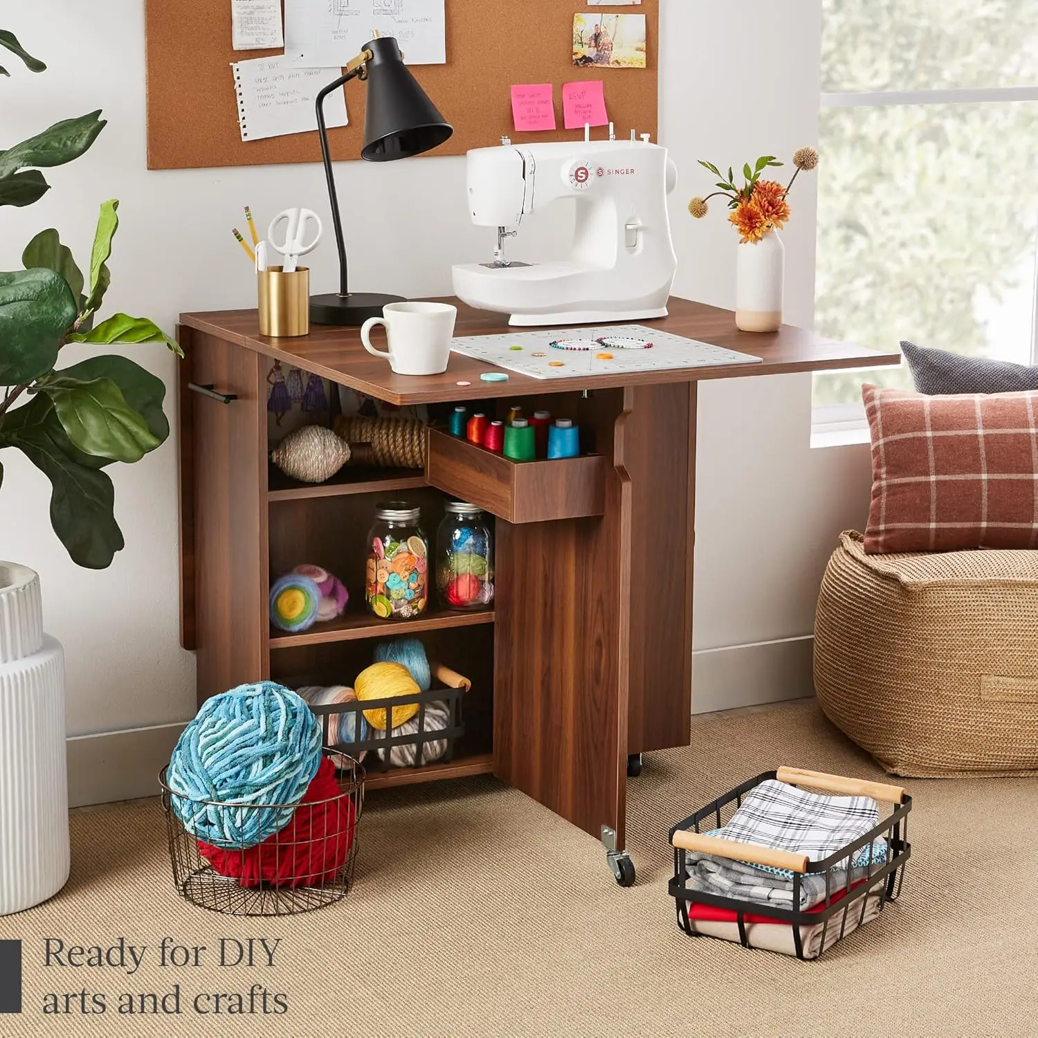 Folding Dining Table, Multipurpose Space Saving Collapsible Drop Leaf Extension Desk w/Wheels, 3 Storage Shelves - Brown