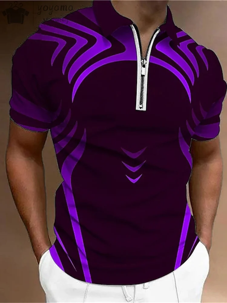 New Men's Shirts Casual Short Sleeve Lapel Shirts for Men Business Polo Shirt 3D Print Stripe Polo Shirt Button Pullover Tops