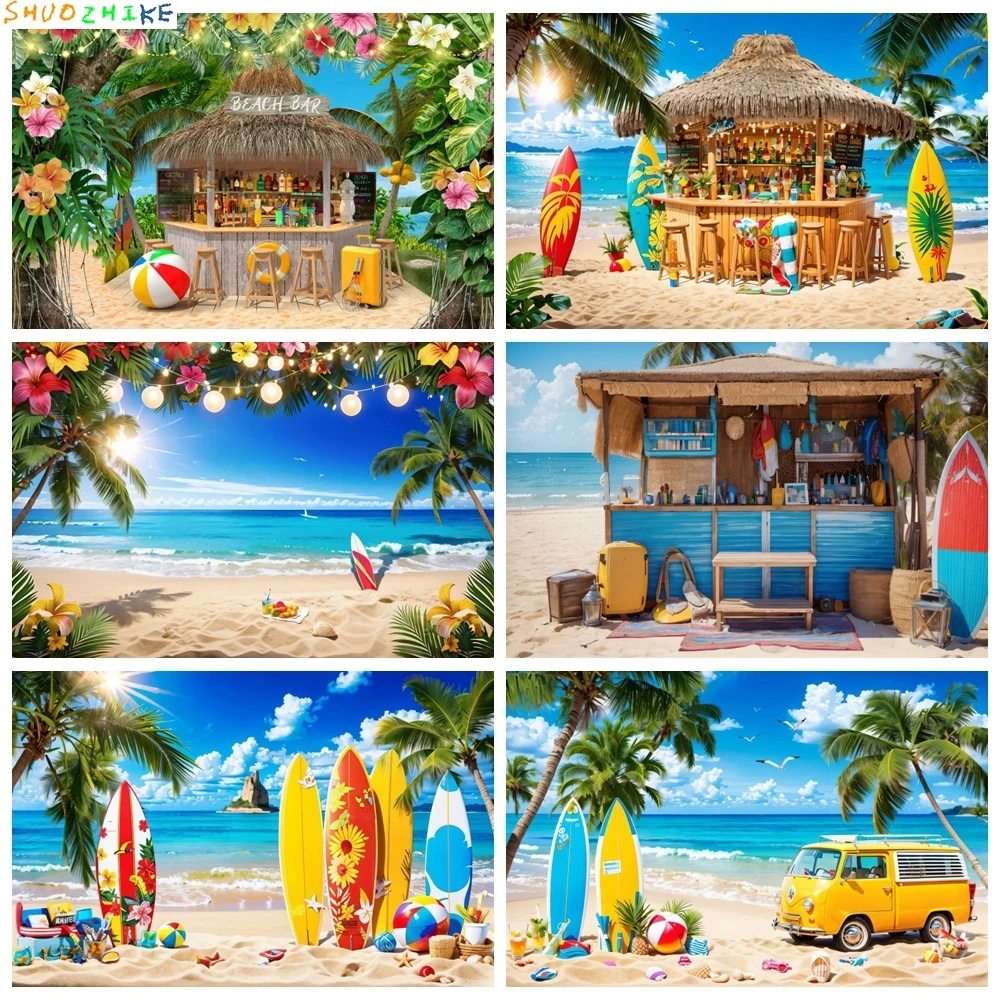 

Summer Seaside Beach Party Photography Backdrop Sea Ocean Tropical Palm Leaves Flowers Surfboard Birthday Party Photo Background