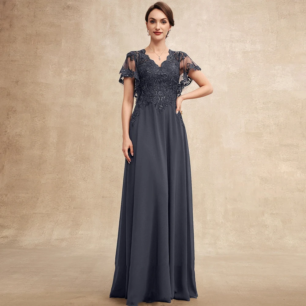 Elegant Mother of The Bride Dresses V Neck Short Sleeves Wedding Party Gowns Appliques Floor Length Chiffon A-Line فساتين السهرة