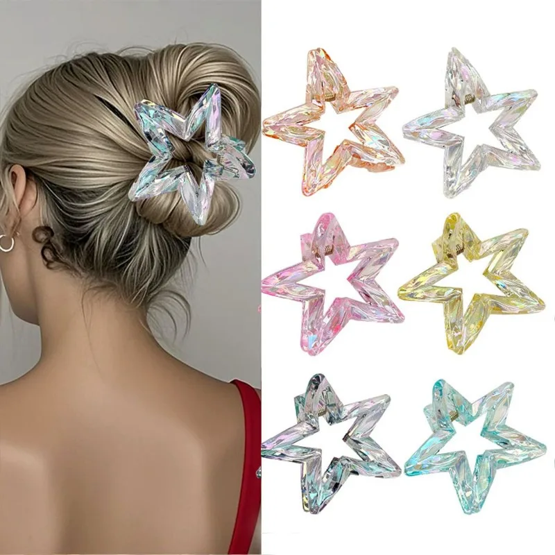 

1/2Pcs Sweet Five-Pointed Star Laser Shark Clip Acrylic Hair Grip Ponytail Holder Women Half-Tied Ponytail Hair Claw Headwear