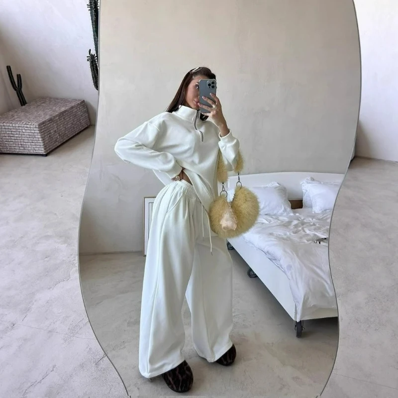 Herbst Neue Schwere Industrie Bestickt Halb-reißverschluss Langarm Top Breite bein Hosen Zwei-stück Set für frauen Temperament