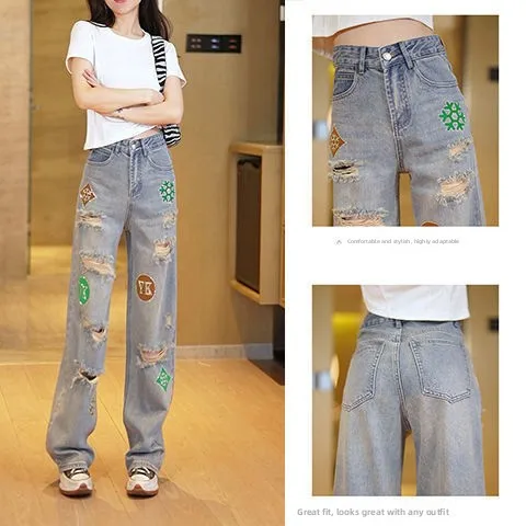 

High Waist Distred Denim Jeans Women's Embroidered Pattern Summer 2023 Loose Straight Vintage Wide Leg Jeans